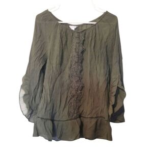 Counterparts Olive Green Crepe Bell Sleeve Ruffled Cottagecore Blouse Size Large